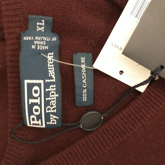 Polo Ralph Lauren Cashmere V Neck Sweater Burgundy Cabernet  XL48"  tags&repairs - Picture 3 of 7